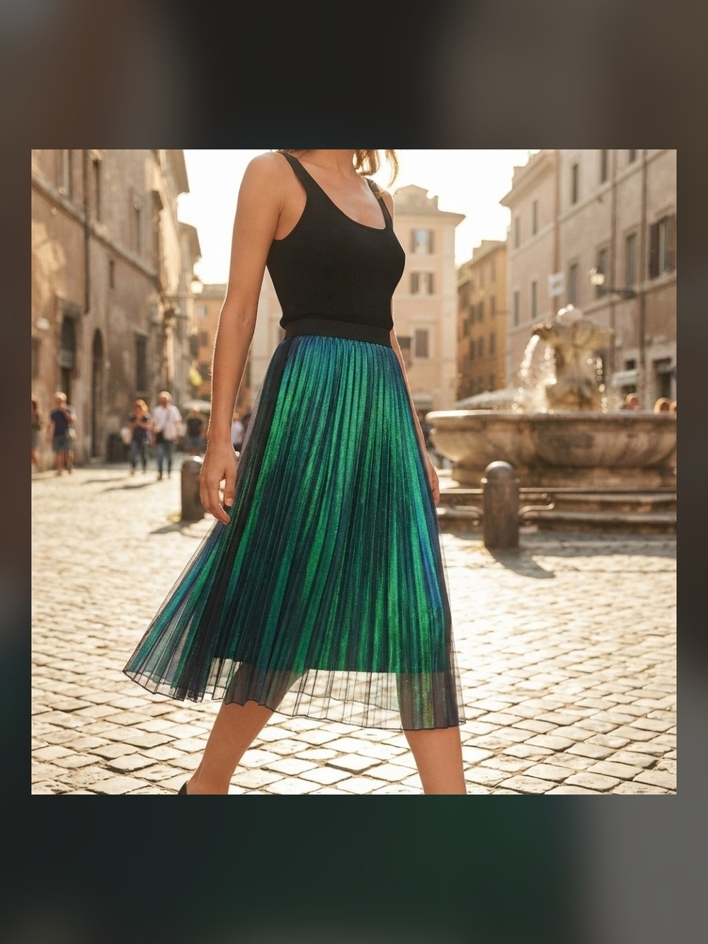 Size 14 Metallic Pleated Skirt - Stunning Iridescent Green & Blue Shimmer
